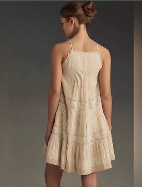 Anthropologie Cream Tiered Lace-Trim Mini Dress